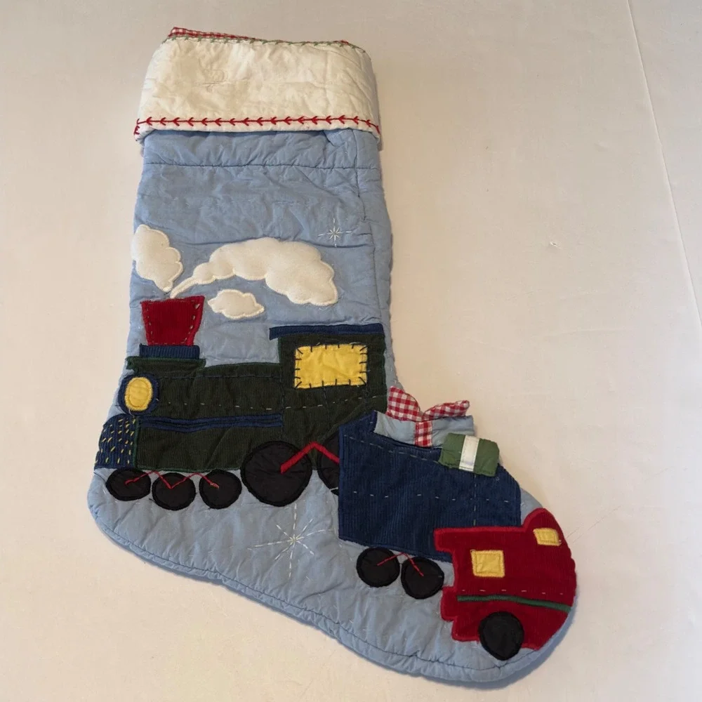 Pottery Barn‎ Kids Blue Quilted Train Christmas Stocking Corduroy Applique 2009